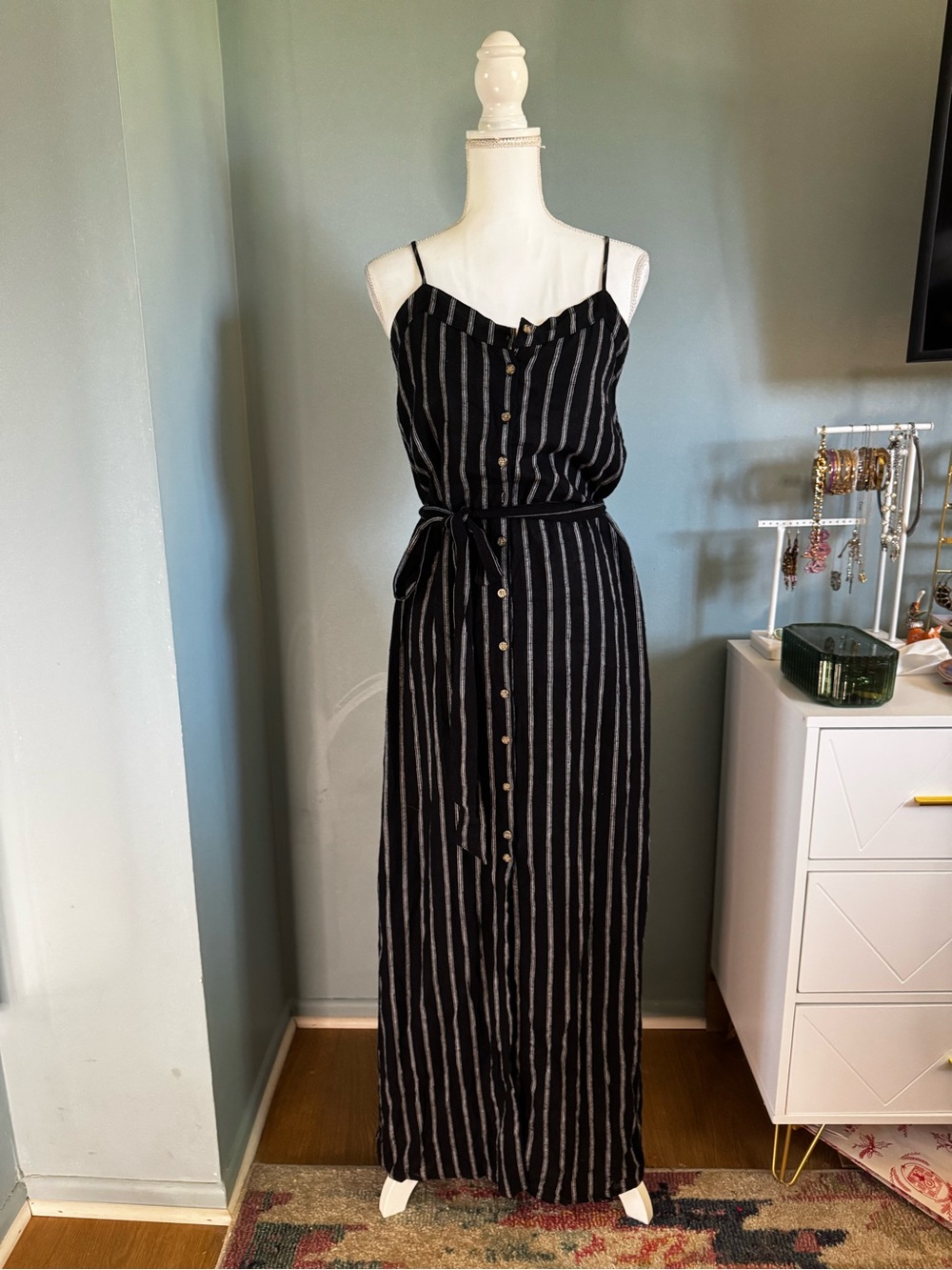 Universal Thread Linen Black  Striped Button-Front Maxi Dress Medium
